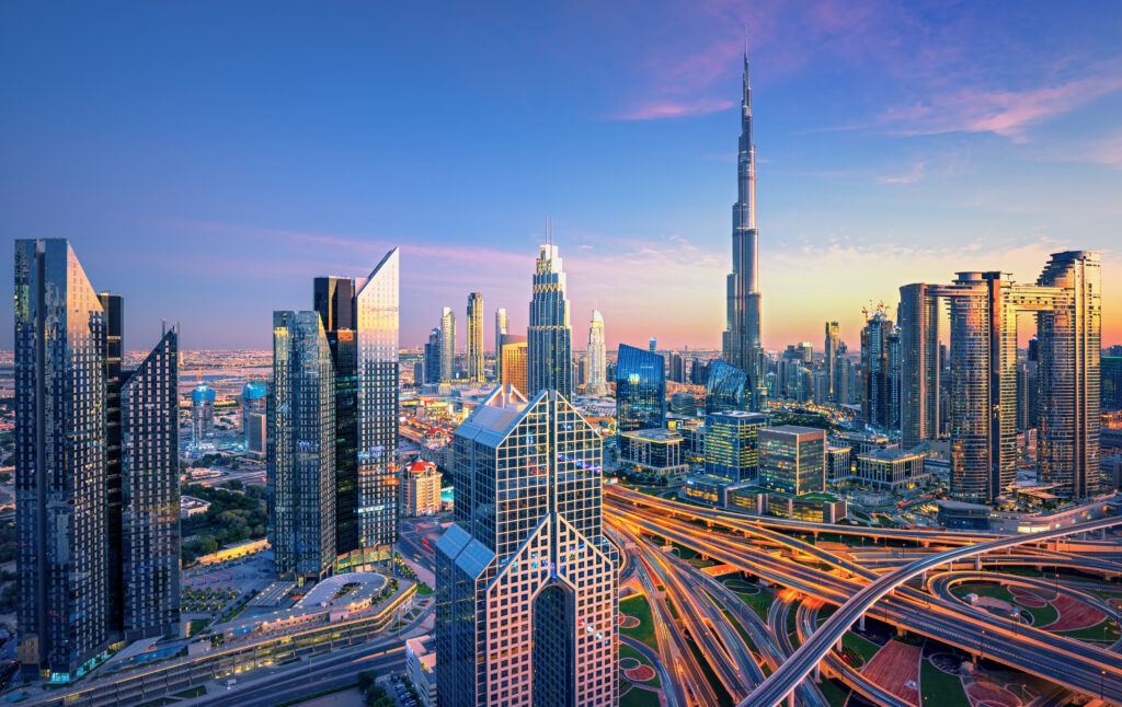 Dubai city centre skyline with luxury skyscrapers, United Arab E